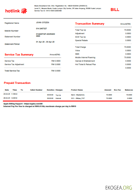 Malaysia Hotlink utility bill template in Word and PDF formats